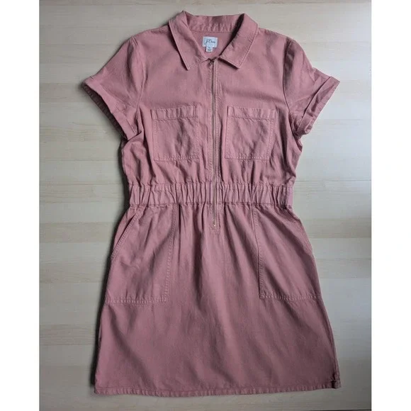 J. Crew Women's Size 12 Utility Gorpcore Chino Shirt Dress Coral Pink Zip Front - Picture 3 of 10